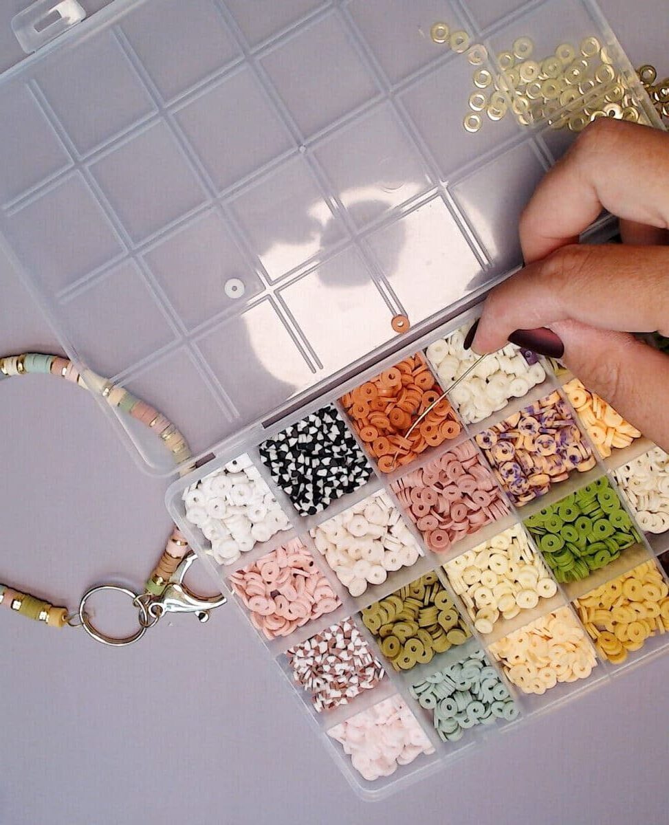 beading the wire for the clay bead wristlet 